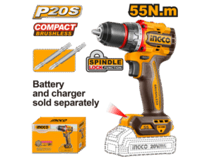 TALADRO ATORNILLADOR A BATERÍA 20V P20S BRUSHLESS 55NM + 2 PUNTAS S/BAT, S/CARG INGCO CDLI205581