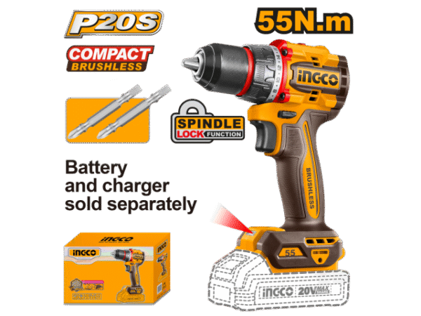 TALADRO ATORNILLADOR A BATERÍA 20V P20S BRUSHLESS 55NM + 2 PUNTAS S/BAT, S/CARG INGCO CDLI205581