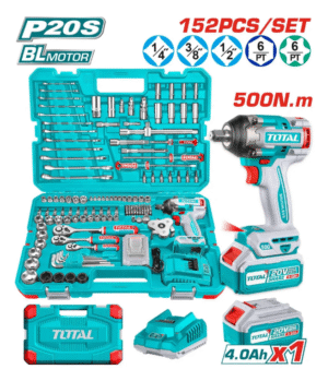 Kit Total 152 Piezas: Llave Impacto 1/2'' Motor Sin Carbones 500NM + Llaves, Dados, Puntas - Con Batería 4.0Ah Litio-Ion, Cargador Y Maletín
