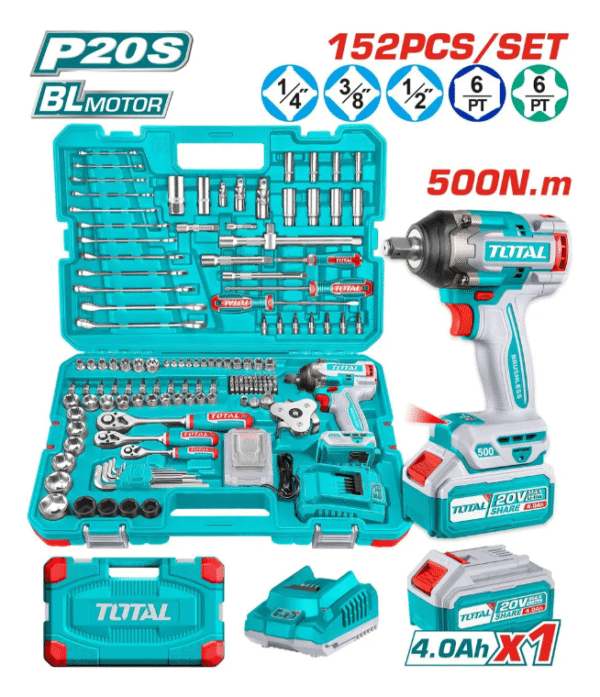 Kit Total 152 Piezas: Llave Impacto 1/2'' Motor Sin Carbones 500NM + Llaves, Dados, Puntas - Con Batería 4.0Ah Litio-Ion, Cargador Y Maletín