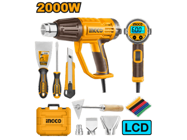 PISTOLA DE CALOR 2000W EN SET C VALIJA Y ACCESORIOS LCD INGCO HG2000581